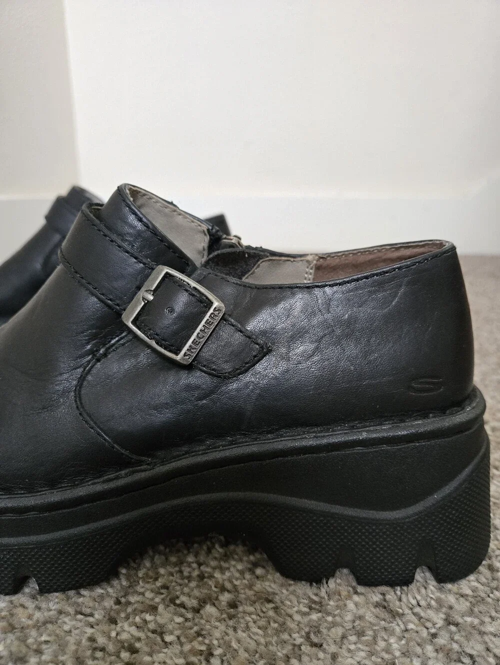 VTG Skechers Y2K Chunky Lug Sole Monk Strap Leather Loafers Women's 10 90s Goth